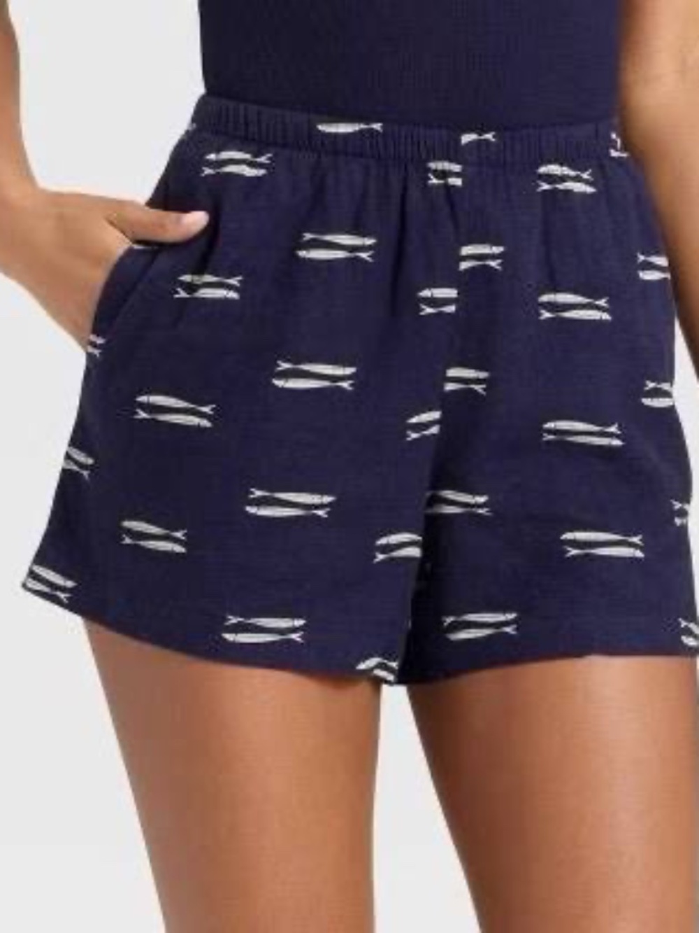 A New Day Fish Sardine Navy Linen blend Elastic Waist Shorts-MED (Coastal/Beach)